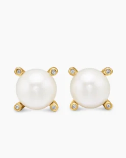Pearl Stud Earrings 18K Yellow Gold with Pearls and Diamonds, 14mm