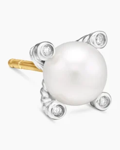 Pearl Stud Earrings Sterling Silver with Pearls and Diamonds, 7.4mm