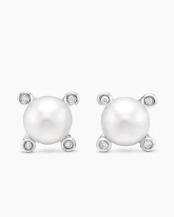 Pearl Stud Earrings Sterling Silver with Pearls and Diamonds, 7.4mm