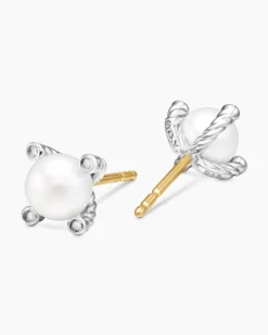 Pearl Stud Earrings Sterling Silver with Pearls and Diamonds, 7.4mm
