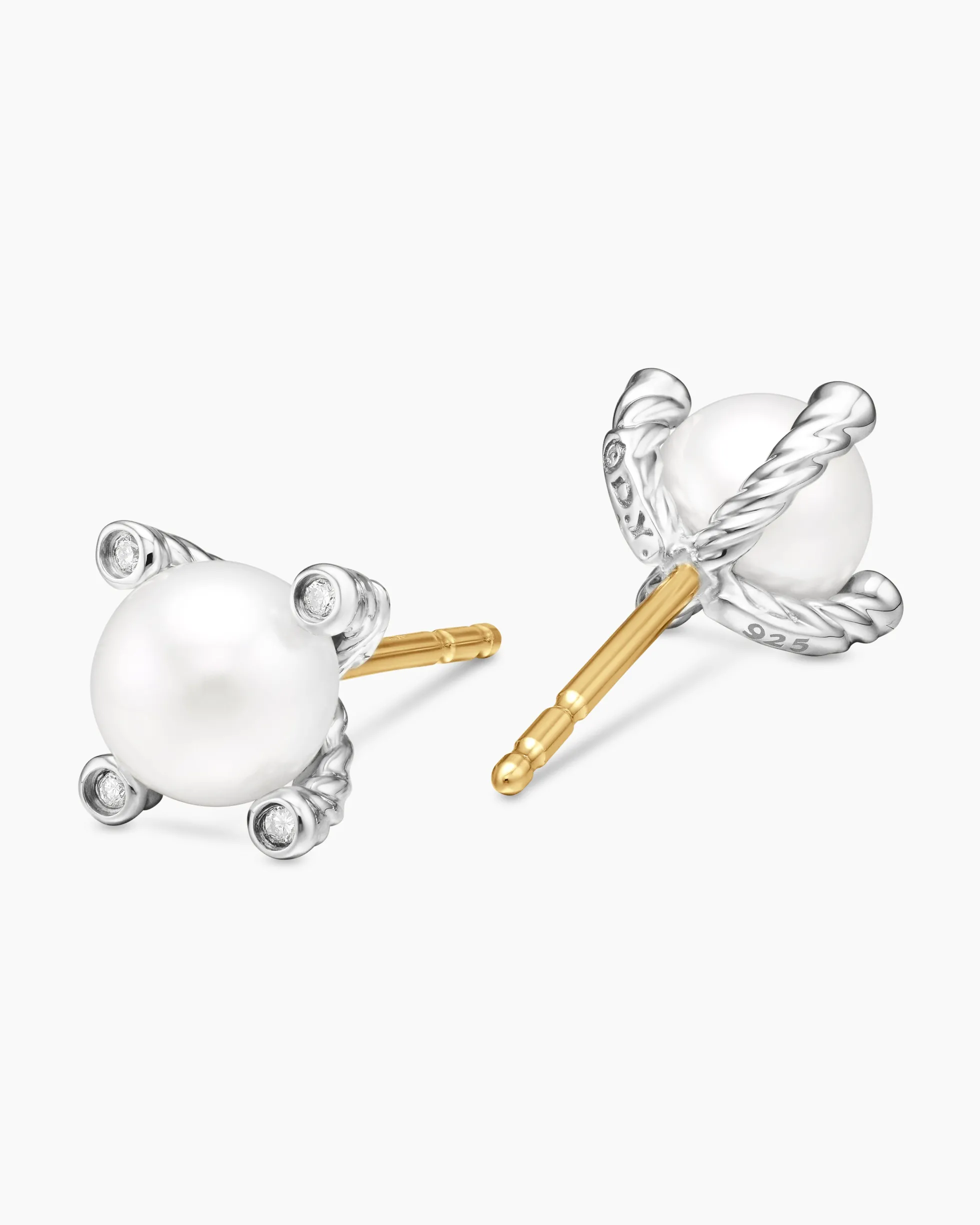 Pearl Stud Earrings Sterling Silver with Pearls and Diamonds, 7.4mm