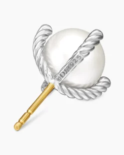 Pearl Stud Earrings Sterling Silver with Pearls and Diamonds, 14mm