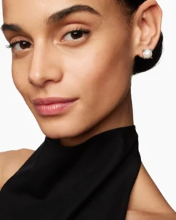 Pearl Stud Earrings Sterling Silver with Pearls and Diamonds, 14mm
