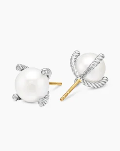 Pearl Stud Earrings Sterling Silver with Pearls and Diamonds, 14mm