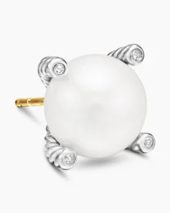 Pearl Stud Earrings Sterling Silver with Pearls and Diamonds, 14mm