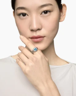 Petite Albion® Ring Sterling Silver with Blue Topaz and Diamonds, 7mm