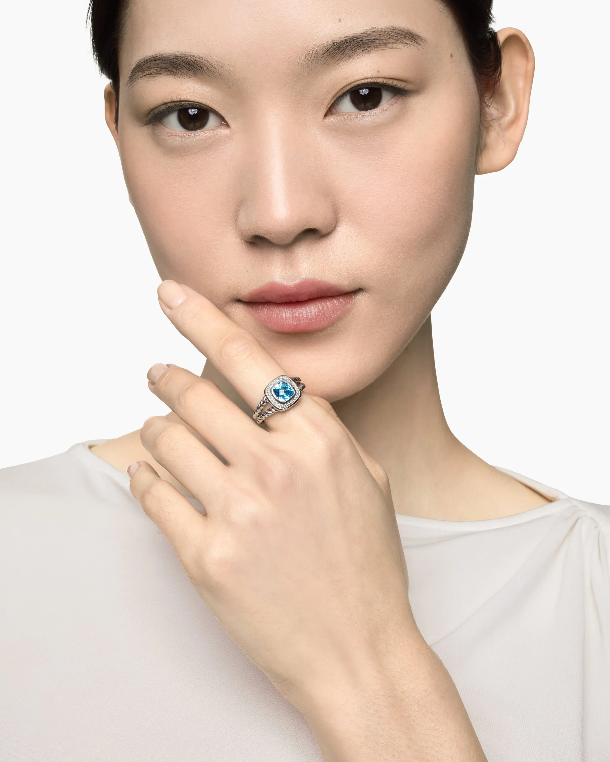 Petite Albion® Ring Sterling Silver with Blue Topaz and Diamonds, 7mm