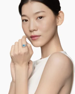 Petite Albion® Ring Sterling Silver with Blue Topaz and Diamonds, 7mm