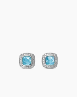 Petite Albion® Stud Earrings Sterling Silver with Blue Topaz and Pavé Diamonds, 5mm