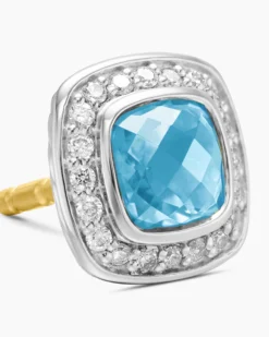 Petite Albion® Stud Earrings Sterling Silver with Blue Topaz and Pavé Diamonds, 5mm