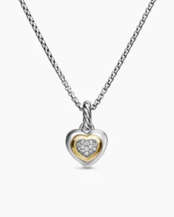 Petite Cable Heart Pendant Necklace Sterling Silver with 14K Yellow Gold and Diamonds, 17.1mm
