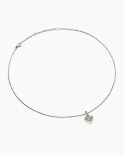 Petite Cable Heart Pendant Necklace Sterling Silver with 14K Yellow Gold and Diamonds, 17.1mm