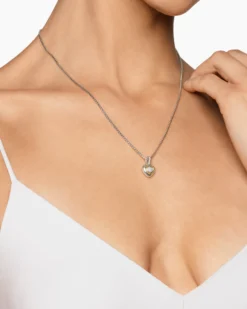 Petite Cable Heart Pendant Necklace Sterling Silver with 14K Yellow Gold and Diamonds, 17.1mm