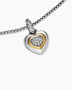 Petite Cable Heart Pendant Necklace Sterling Silver with 14K Yellow Gold and Diamonds, 17.1mm
