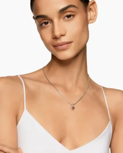 Petite Cable Heart Pendant Necklace Sterling Silver with 14K Yellow Gold and Rhodolite Garnet, 17.1mm
