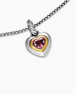 Petite Cable Heart Pendant Necklace Sterling Silver with 14K Yellow Gold and Rhodolite Garnet, 17.1mm