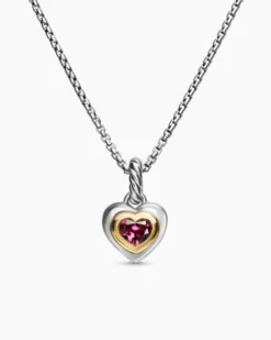 Petite Cable Heart Pendant Necklace Sterling Silver with 14K Yellow Gold and Rhodolite Garnet, 17.1mm