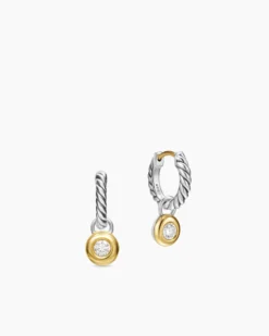 Petite Cable Huggie Drop Earrings Sterling Silver with 14K Yellow Gold and Diamonds, 17.5mm