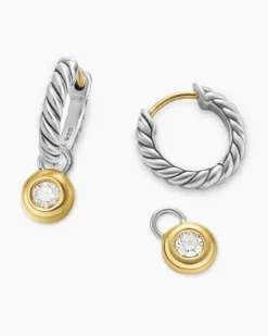 Petite Cable Huggie Drop Earrings Sterling Silver with 14K Yellow Gold and Diamonds, 17.5mm