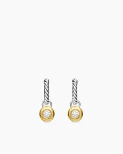 Petite Cable Huggie Drop Earrings Sterling Silver with 14K Yellow Gold and Diamonds, 17.5mm