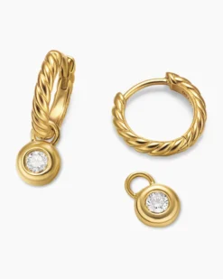 Petite Cable Huggie Drop Earrings 18K Yellow Gold with Diamonds, 17.5mm