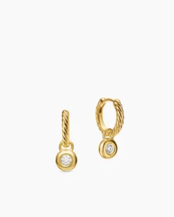 Petite Cable Huggie Drop Earrings 18K Yellow Gold with Diamonds, 17.5mm
