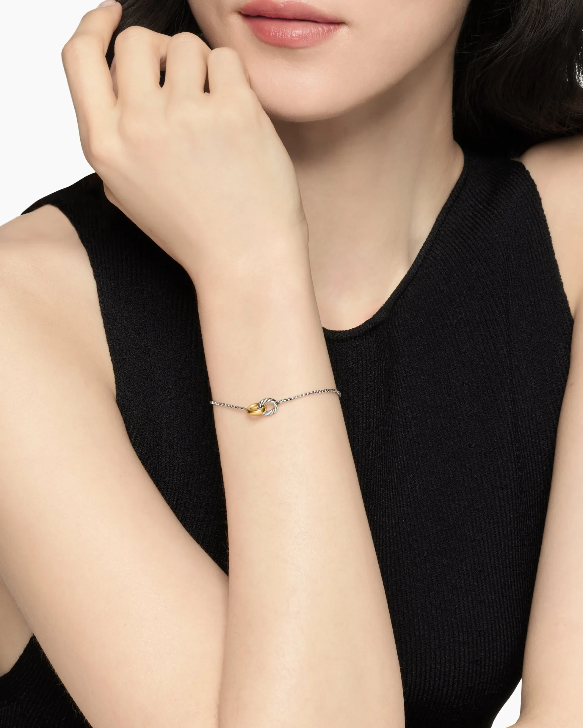 Petite Cable Linked Bracelet Sterling Silver with 14K Yellow Gold, 15mm