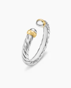 Petite Cable Open Ring Sterling Silver with 14K Yellow Gold, 3.4mm