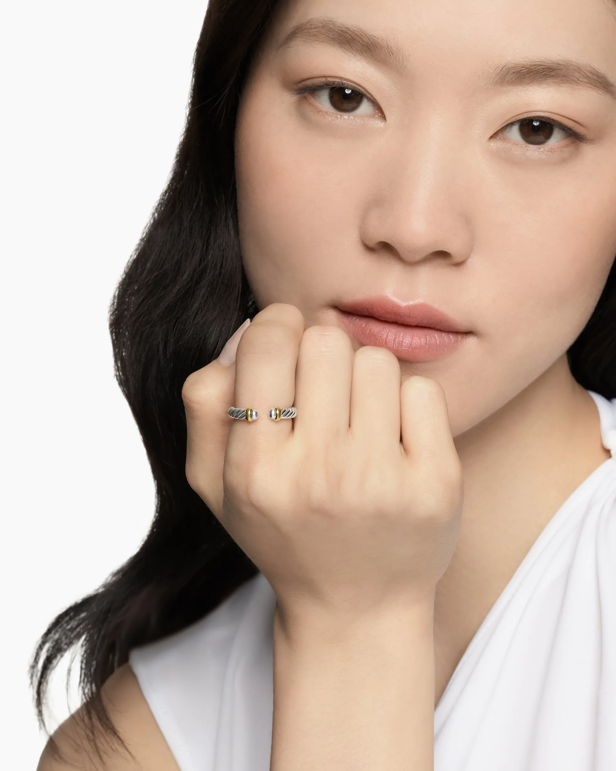 Petite Cable Open Ring Sterling Silver with 14K Yellow Gold, 3.4mm