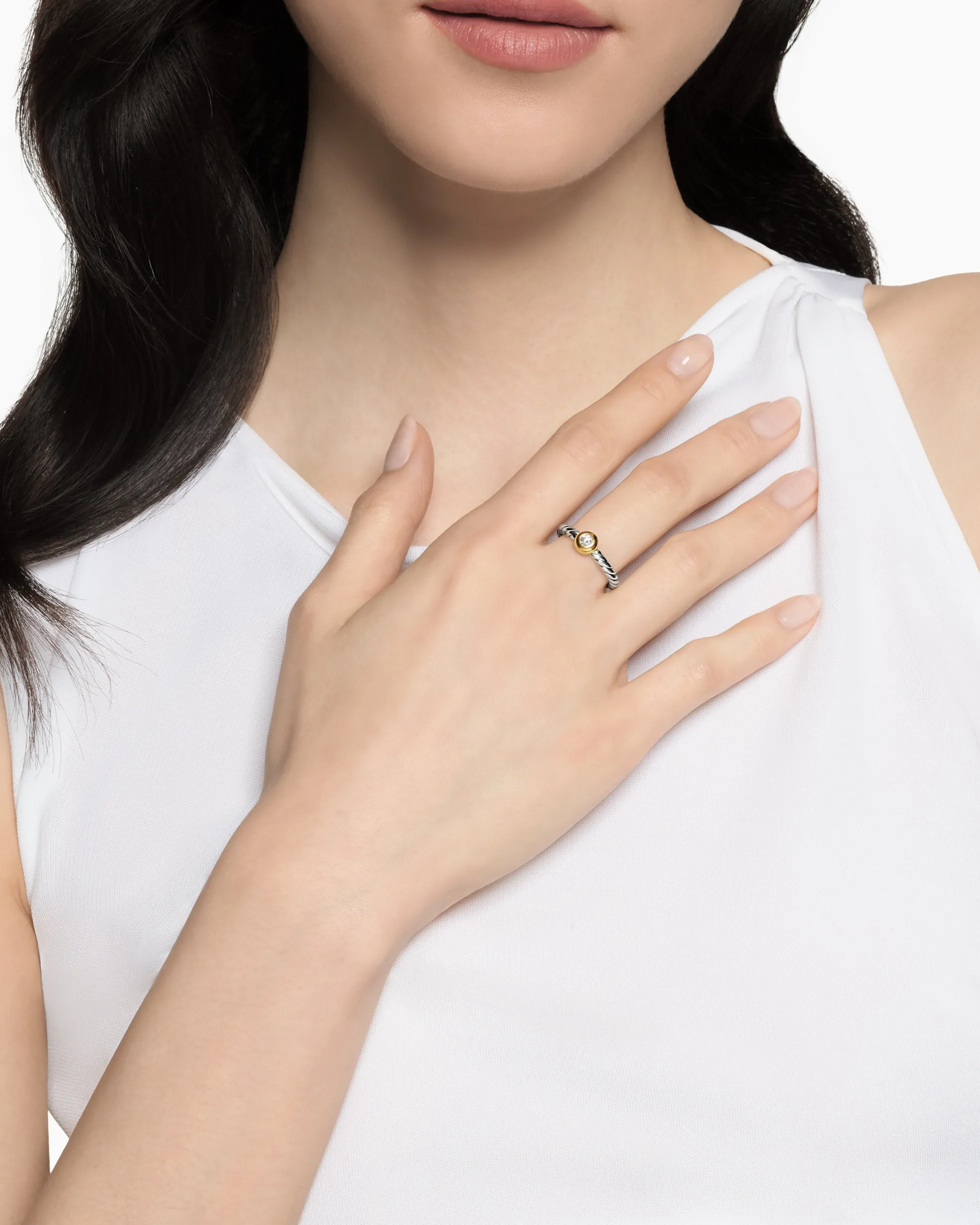 Petite Cable Ring Sterling Silver with 14K Yellow Gold and Center Diamond, 2.8mm