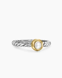 Petite Cable Ring Sterling Silver with 14K Yellow Gold and Pearl, 2.8mm