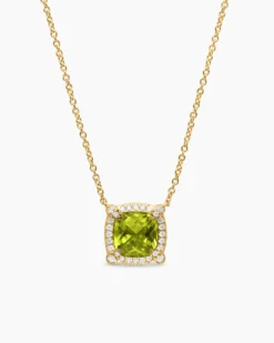 Petite Chatelaine® Pavé Bezel Pendant Necklace 18K Yellow Gold with Peridot and Diamonds, 7mm