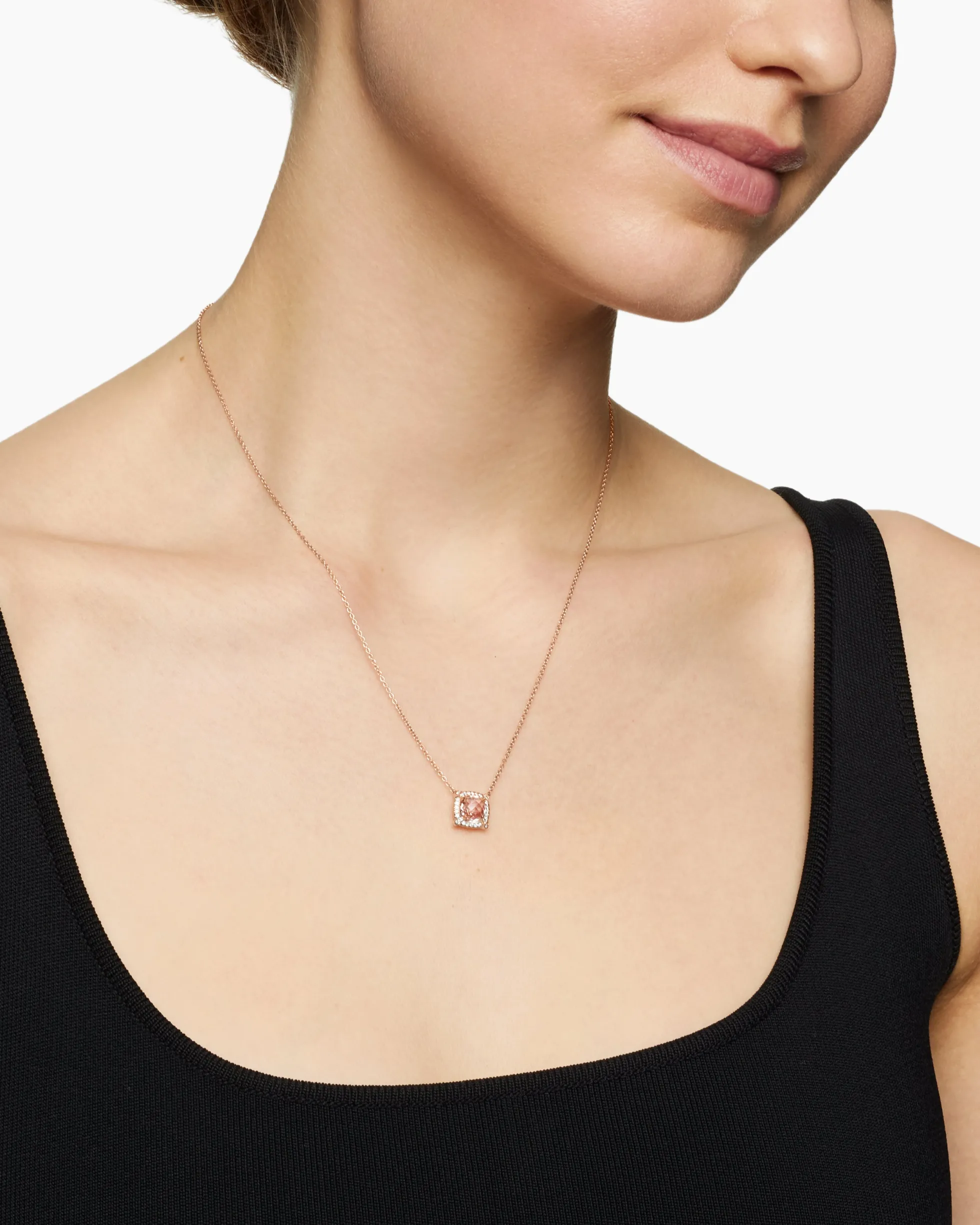 Petite Chatelaine® Pavé Bezel Pendant Necklace 18K Rose Gold with Morganite and Diamonds, 7mm