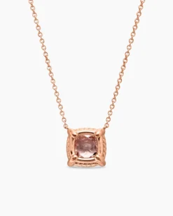 Petite Chatelaine® Pavé Bezel Pendant Necklace 18K Rose Gold with Morganite and Diamonds, 7mm