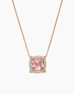 Petite Chatelaine® Pavé Bezel Pendant Necklace 18K Rose Gold with Morganite and Diamonds, 7mm