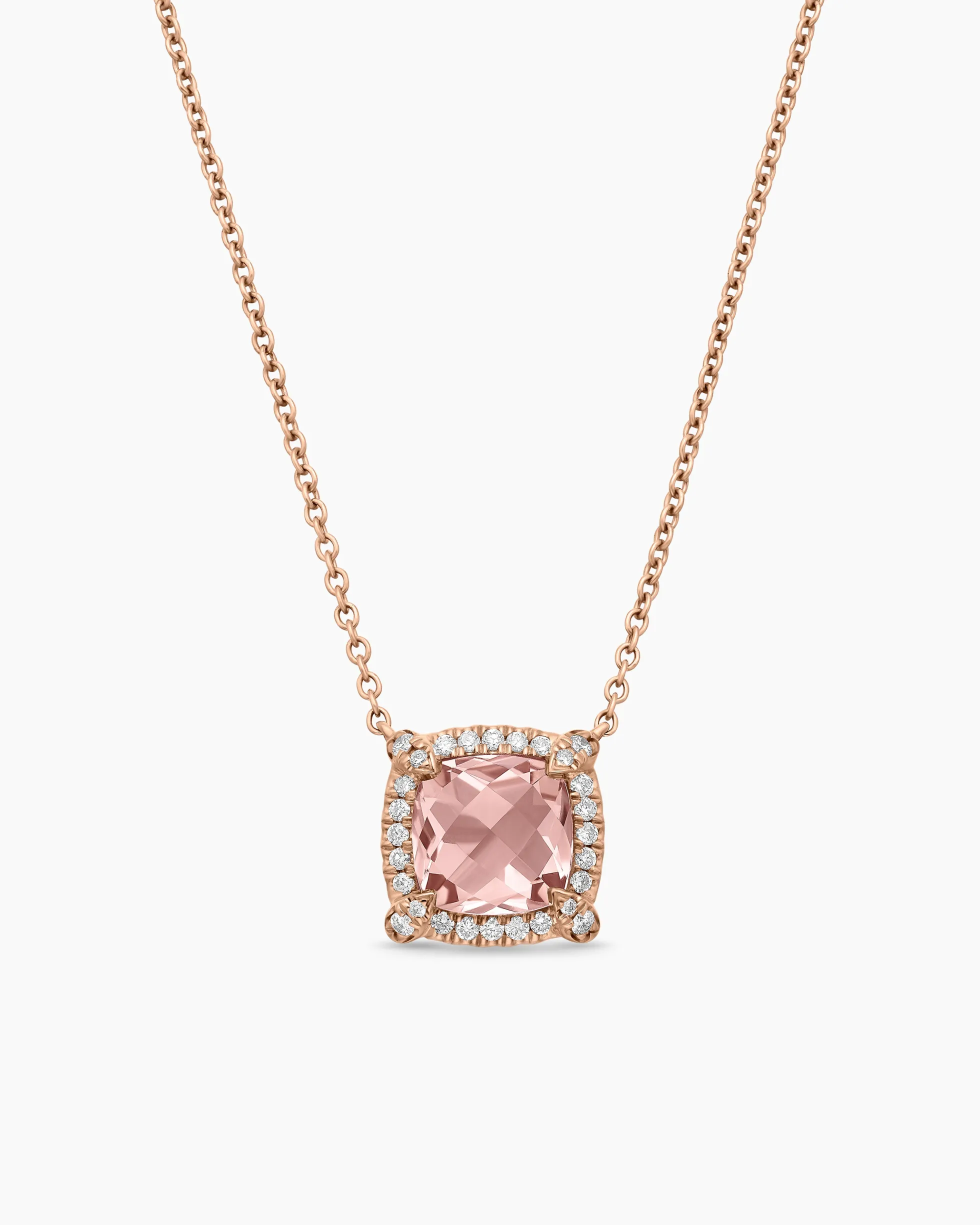 Petite Chatelaine® Pavé Bezel Pendant Necklace 18K Rose Gold with Morganite and Diamonds, 7mm