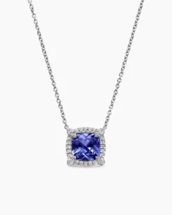 Petite Chatelaine® Pavé Bezel Pendant Necklace 18K White Gold with Tanzanite and Diamonds, 7mm