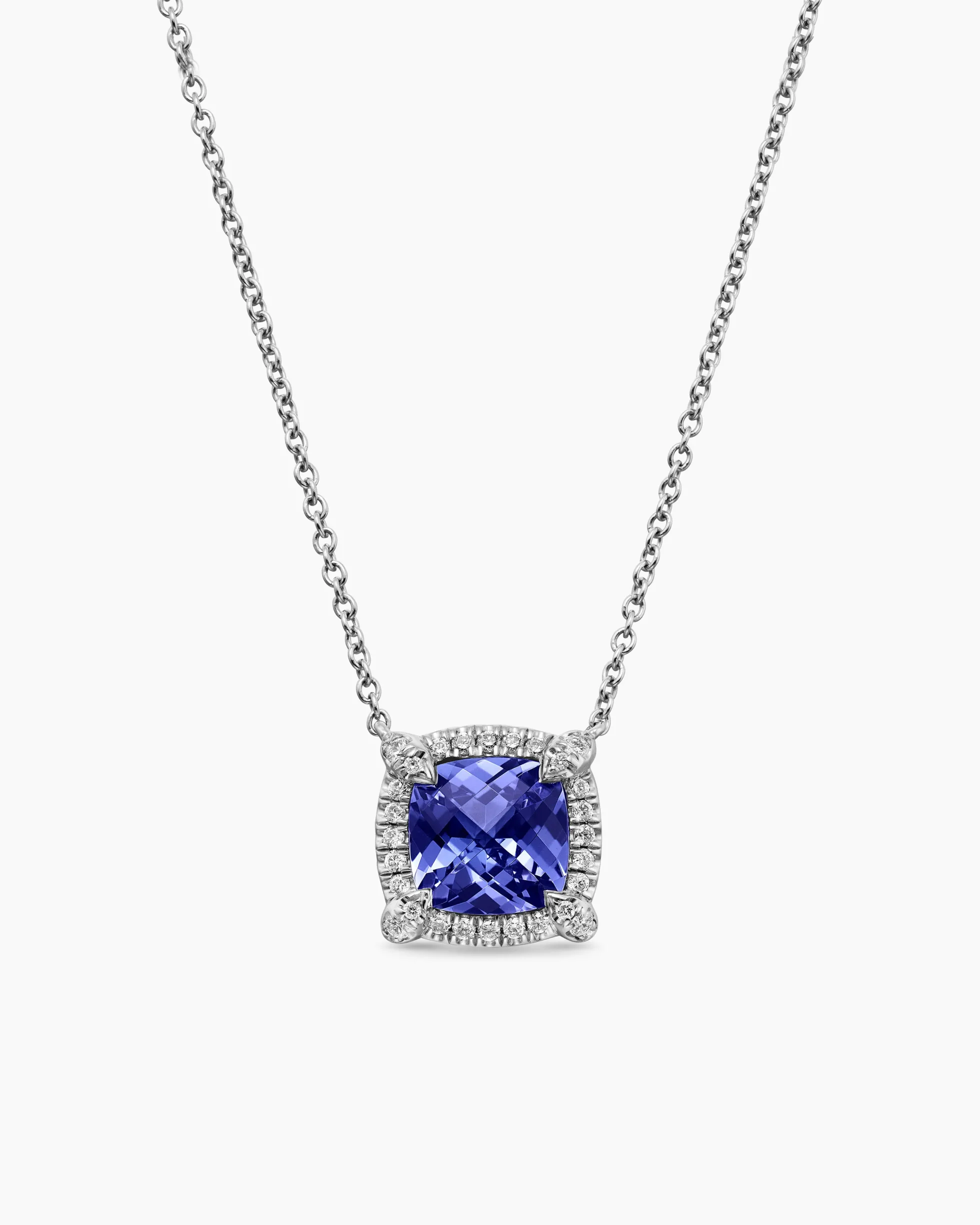 Petite Chatelaine® Pavé Bezel Pendant Necklace 18K White Gold with Tanzanite and Diamonds, 7mm