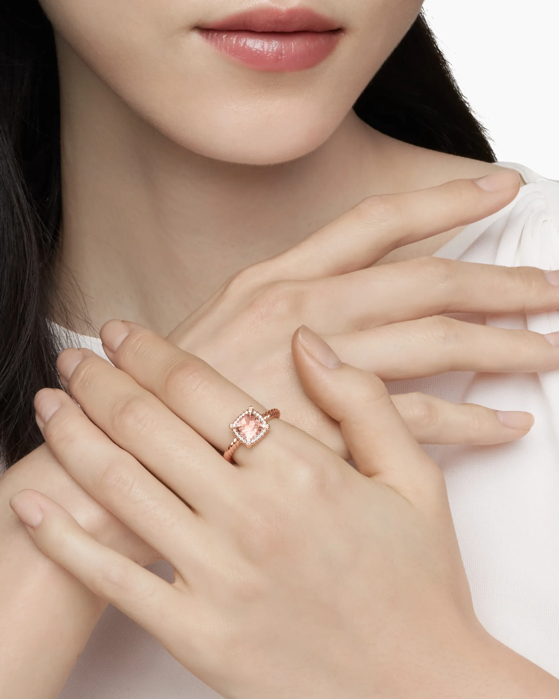 Petite Chatelaine® Pavé Bezel Ring 18K Rose Gold with Morganite and Diamonds, 7mm