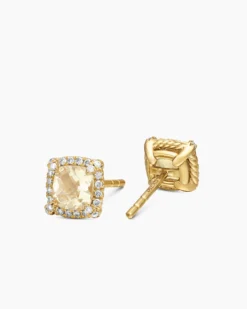 Petite Chatelaine® Pavé Bezel Stud Earrings 18K Yellow Gold with Champagne Citrine and Diamonds, 5mm