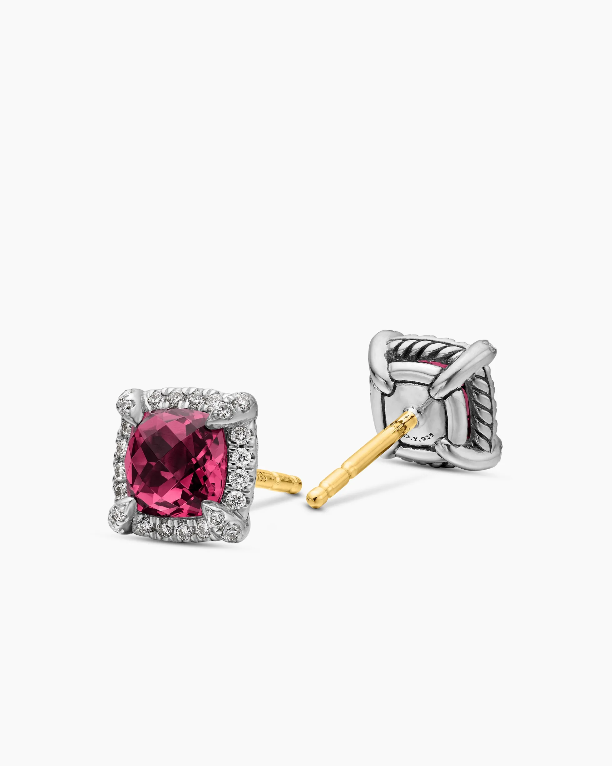 Petite Chatelaine® Pavé Bezel Stud Earrings Sterling Silver with Rhodolite Garnet and Diamonds, 5mm