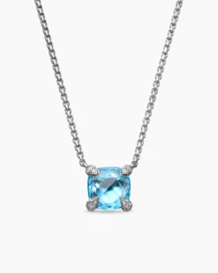 Petite Chatelaine® Pendant Necklace Sterling Silver with Blue Topaz and Diamonds, 9mm
