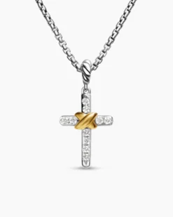 Petite Cross Necklace Sterling Silver with 18K Yellow Gold with Diamonds, 20.8mm
