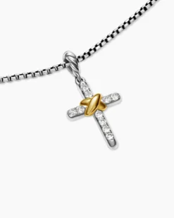 Petite Cross Necklace Sterling Silver with 18K Yellow Gold with Diamonds, 20.8mm