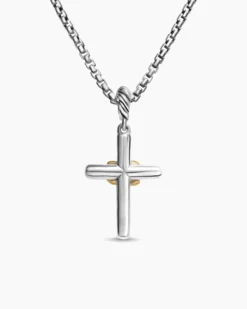 Petite Cross Necklace Sterling Silver with 18K Yellow Gold with Diamonds, 20.8mm