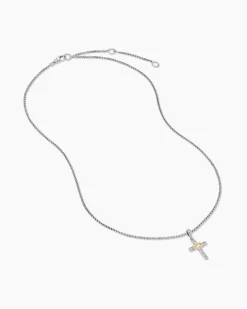 Petite Cross Necklace Sterling Silver with 18K Yellow Gold with Diamonds, 20.8mm