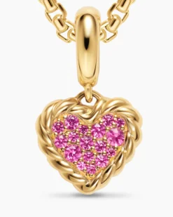 Petite DY Elements® Heart Plate Pendant 18K Yellow Gold with Pink Sapphires, 8.2mm