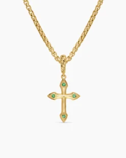 Petite Gothic Cross Amulet 18K Yellow Gold with Emeralds, 15.2mm