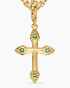 Petite Gothic Cross Amulet 18K Yellow Gold with Emeralds, 15.2mm