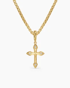 Petite Gothic Cross Amulet 18K Yellow Gold with Diamonds, 15.2mm
